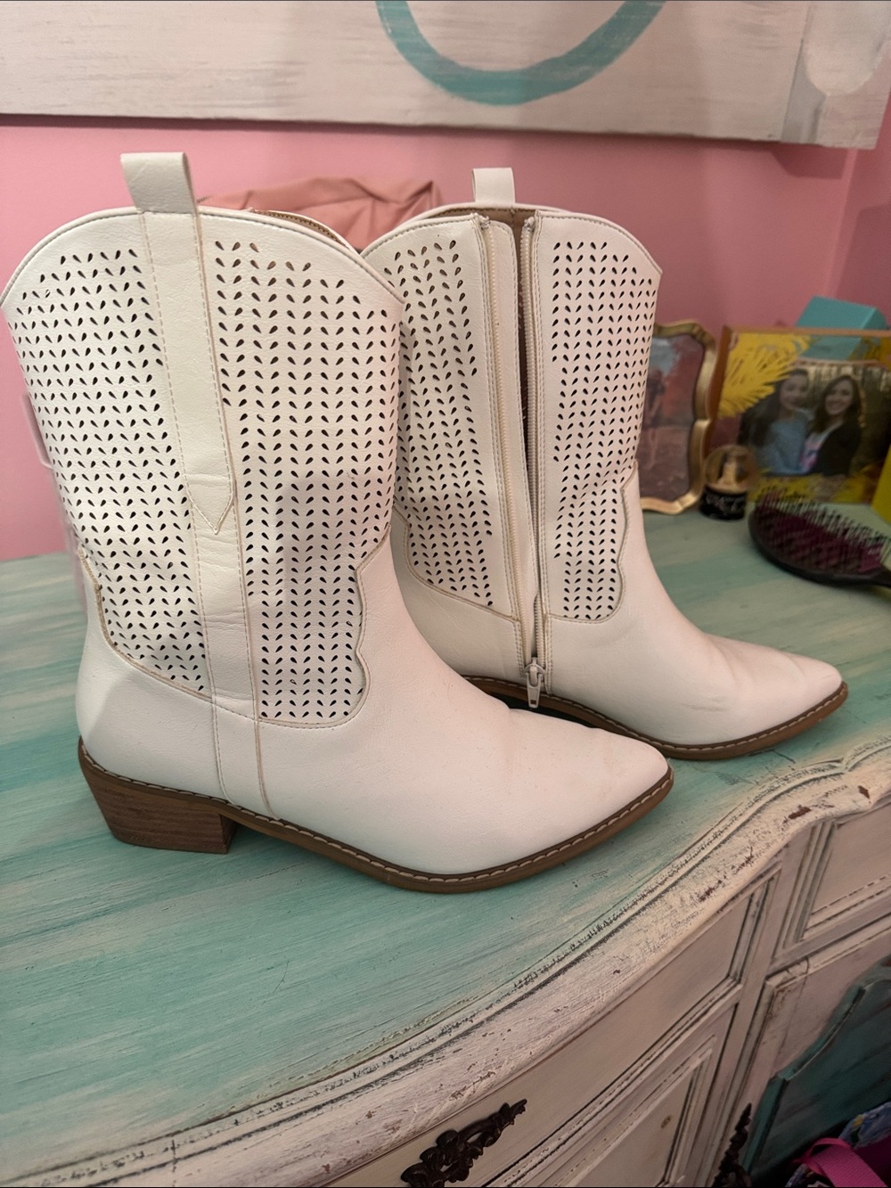 White Perforated Western Ankle Booties with Side Zip